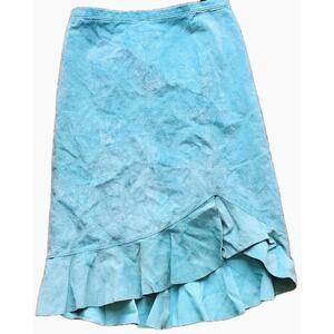BCBG MAX AZRIA Teal Turquoise Blue Suede Leather Flared Ruffle Skirt Size 0
